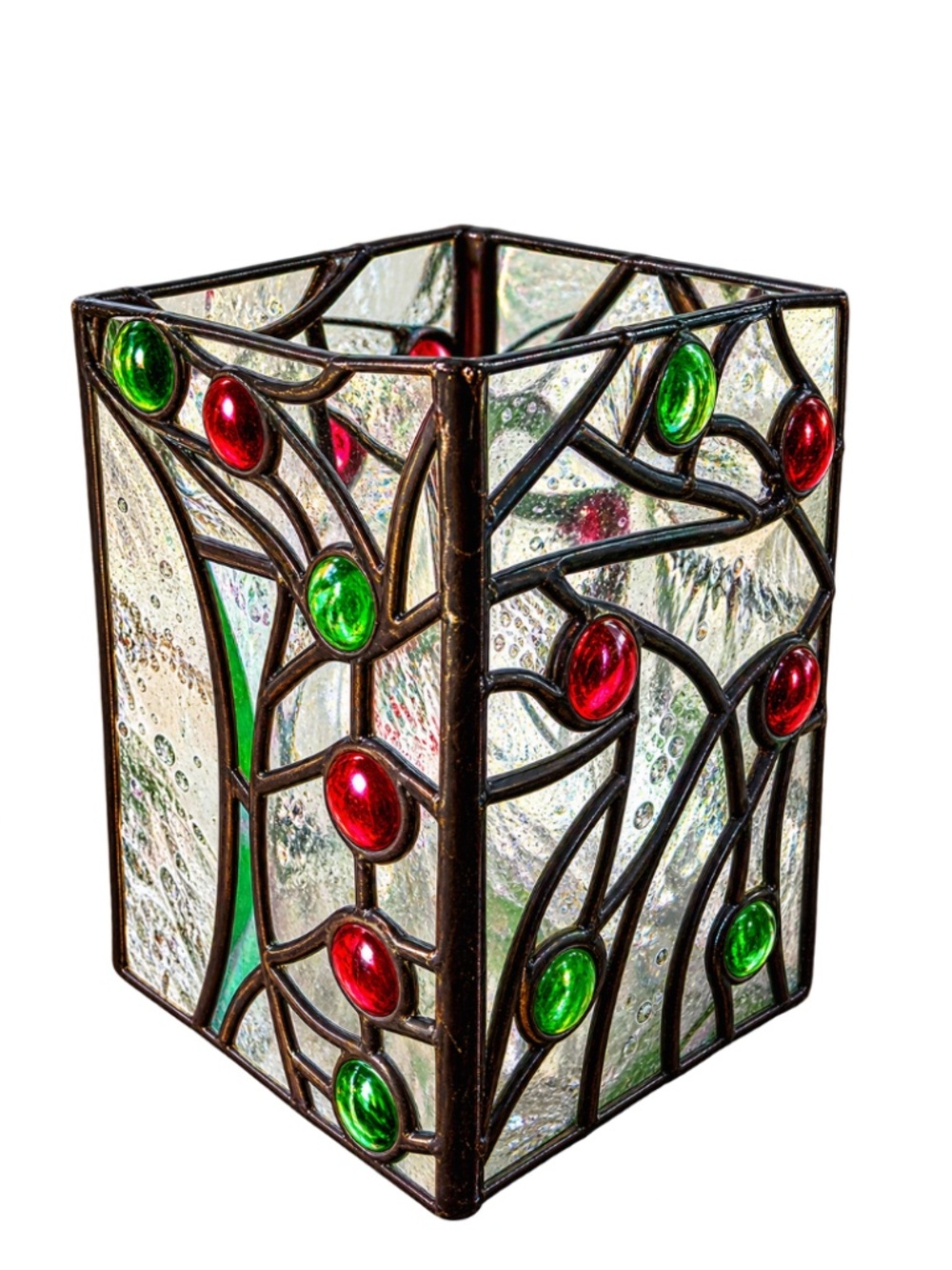 Handmade Artisan Stained Glass Candle Holder – Red & Green Jeweled Glass